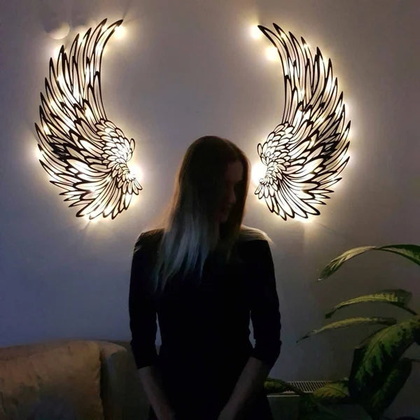 🔥 1 PAR DE ARTE DE PARED DE METAL CON ALAS DE ÁNGELES Y LUCES LED -🎁